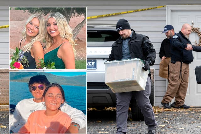 <p>Madison Mogen, Kaylee Goncalves (top left), Xana Kernodle and Ethan Chapin (bottom left), were found butchered in their home (right) </p>