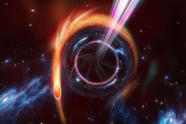 Tidal disruption event causing a star to be destroped by a supermassive black hole (Carl Knox/OzGrav, ARC Centre of Excellence for Gravitational Wave Discovery/Swinburne University of Technolog)
