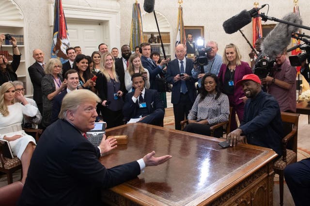 <p>Donald Trump and Kanye West meet in the Oval Office in 2018</p>
