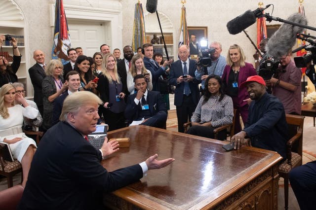 <p>Donald Trump and Kanye West meet in the Oval Office in 2018</p>