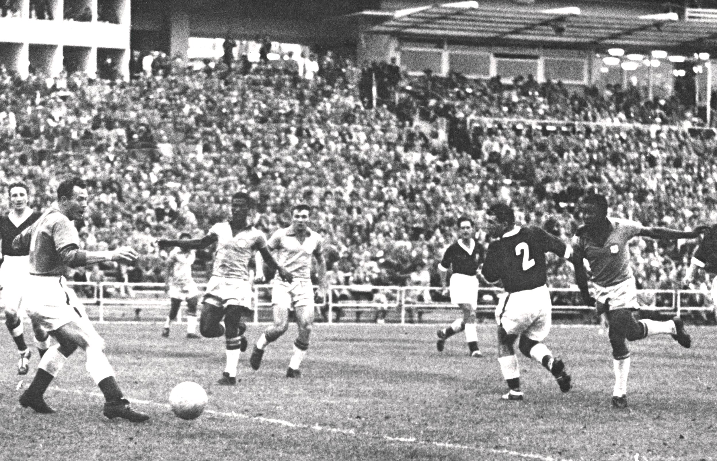A 17-year-old Pele scores against Wales at the 1958 World Cup