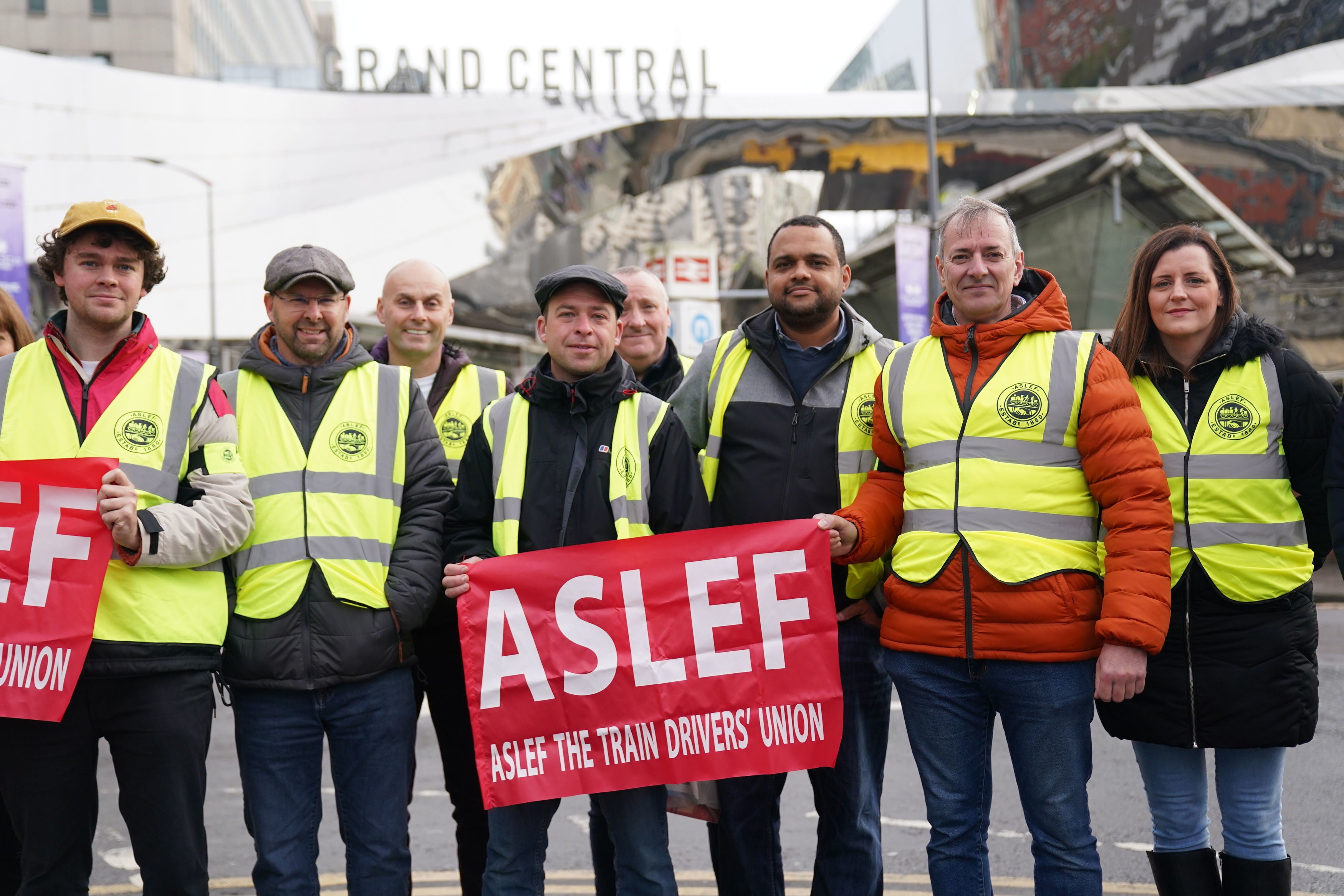 Rail workers on the picket line at Grand Central Station in Birmingham, as members of the drivers' union Aslef at 11 companies go on strike amid warnings of further walkouts in a long-running dispute over pay