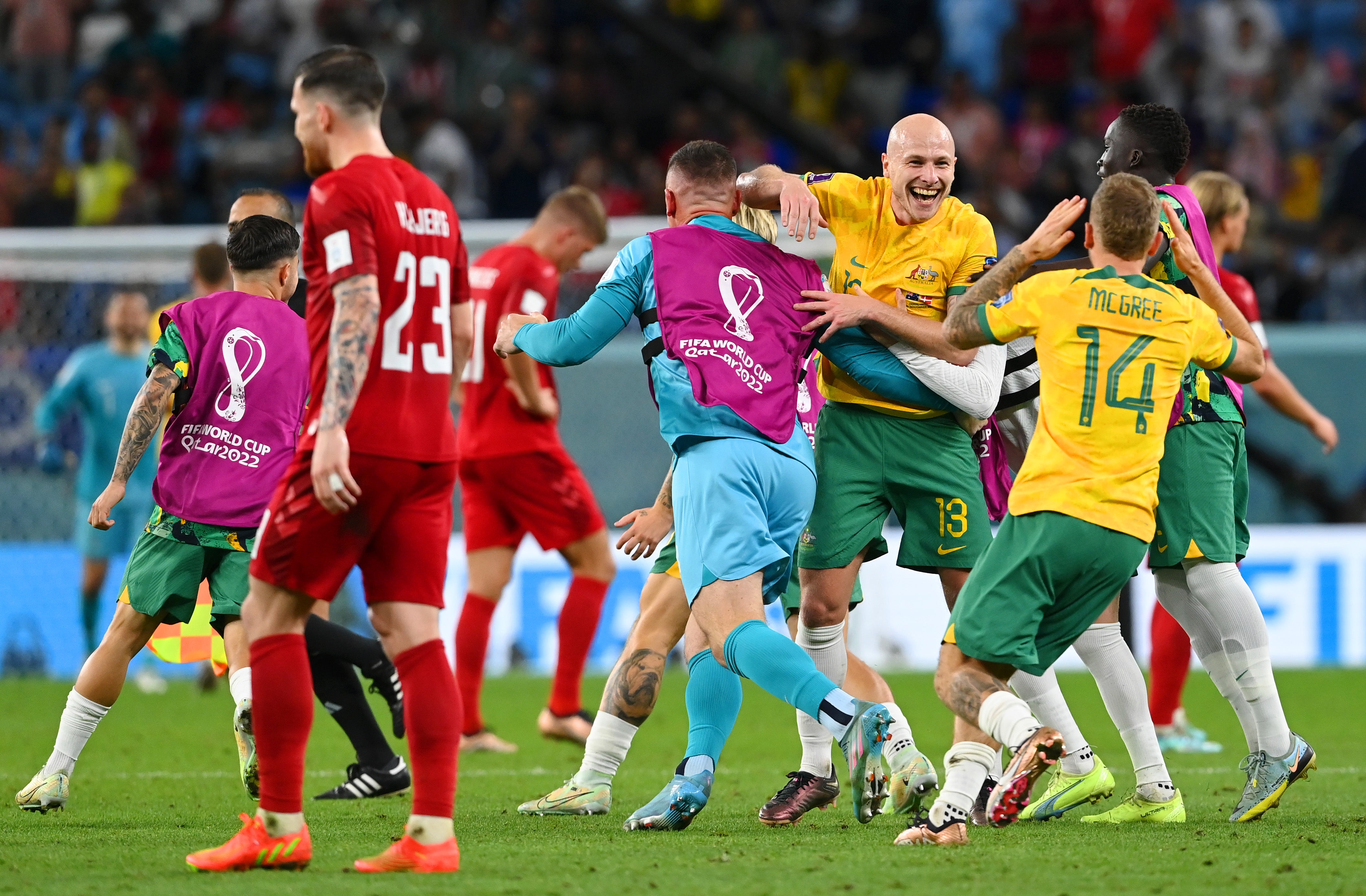 The Socceroos celebrate at the final whistle