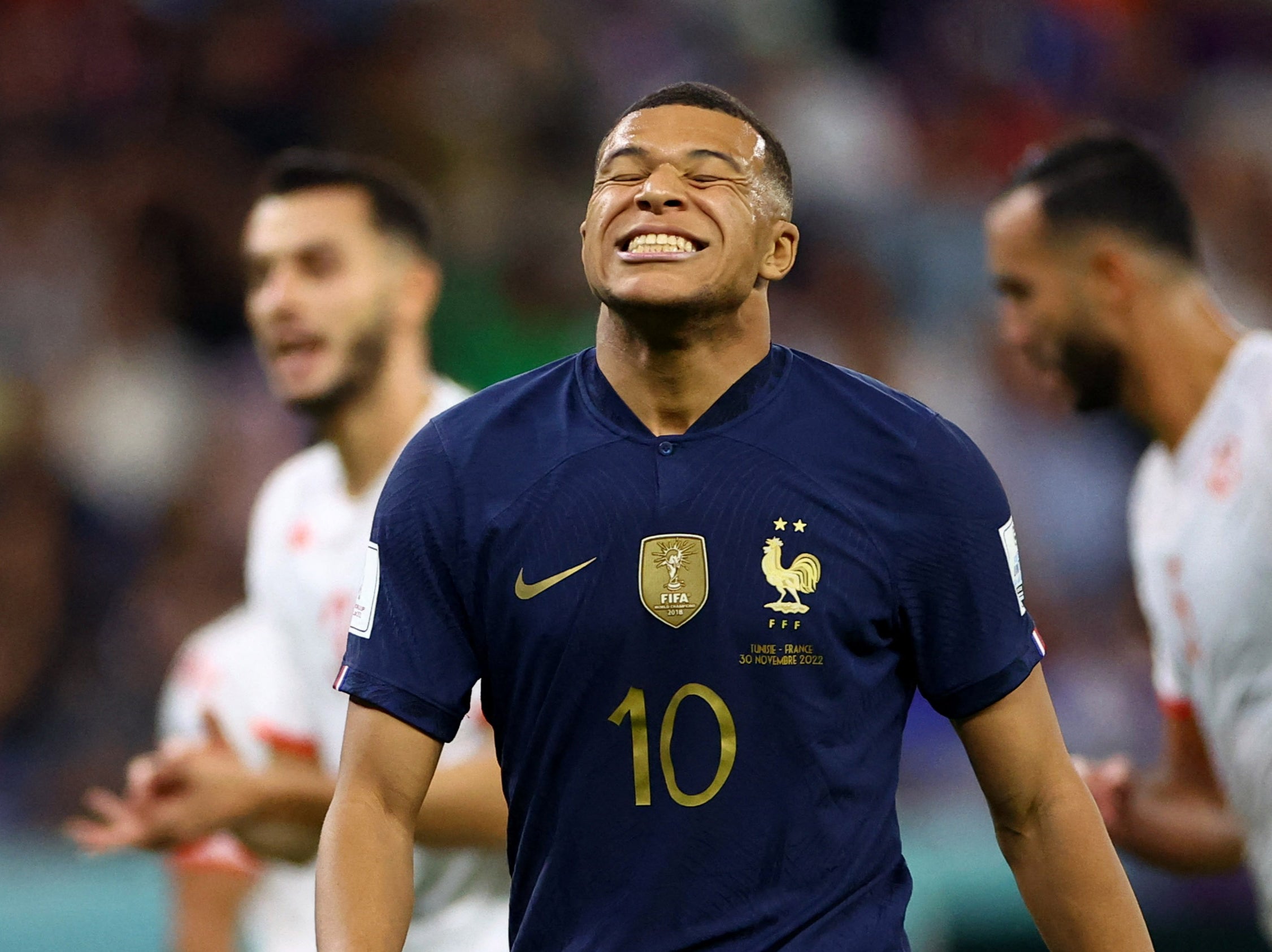 <p>France's Kylian Mbappe reacts</p>