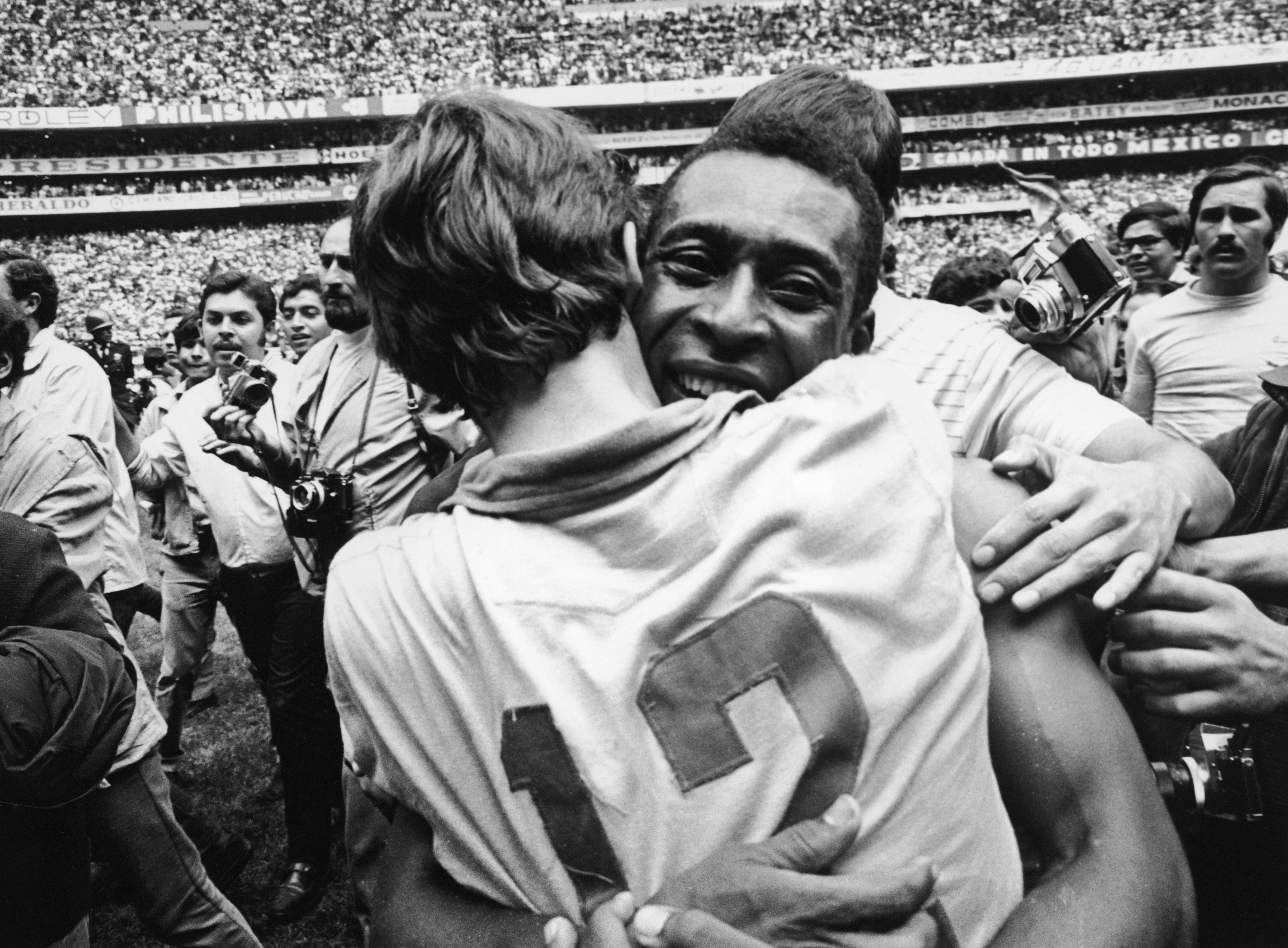Pele embraces goalkeeper Ado after Brazil’s joyful dismantling of Italy in the 1970 World Cup final
