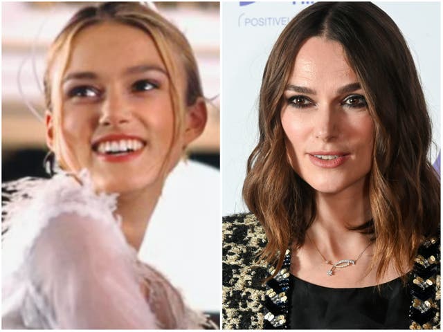 <p>Keira Knightley in ‘Love Actually’ and in 2022</p>