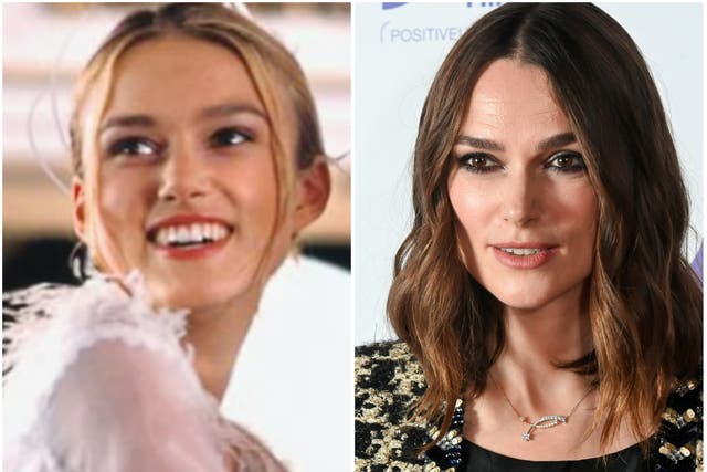 <p>Keira Knightley in ‘Love Actually’ and in 2022</p>