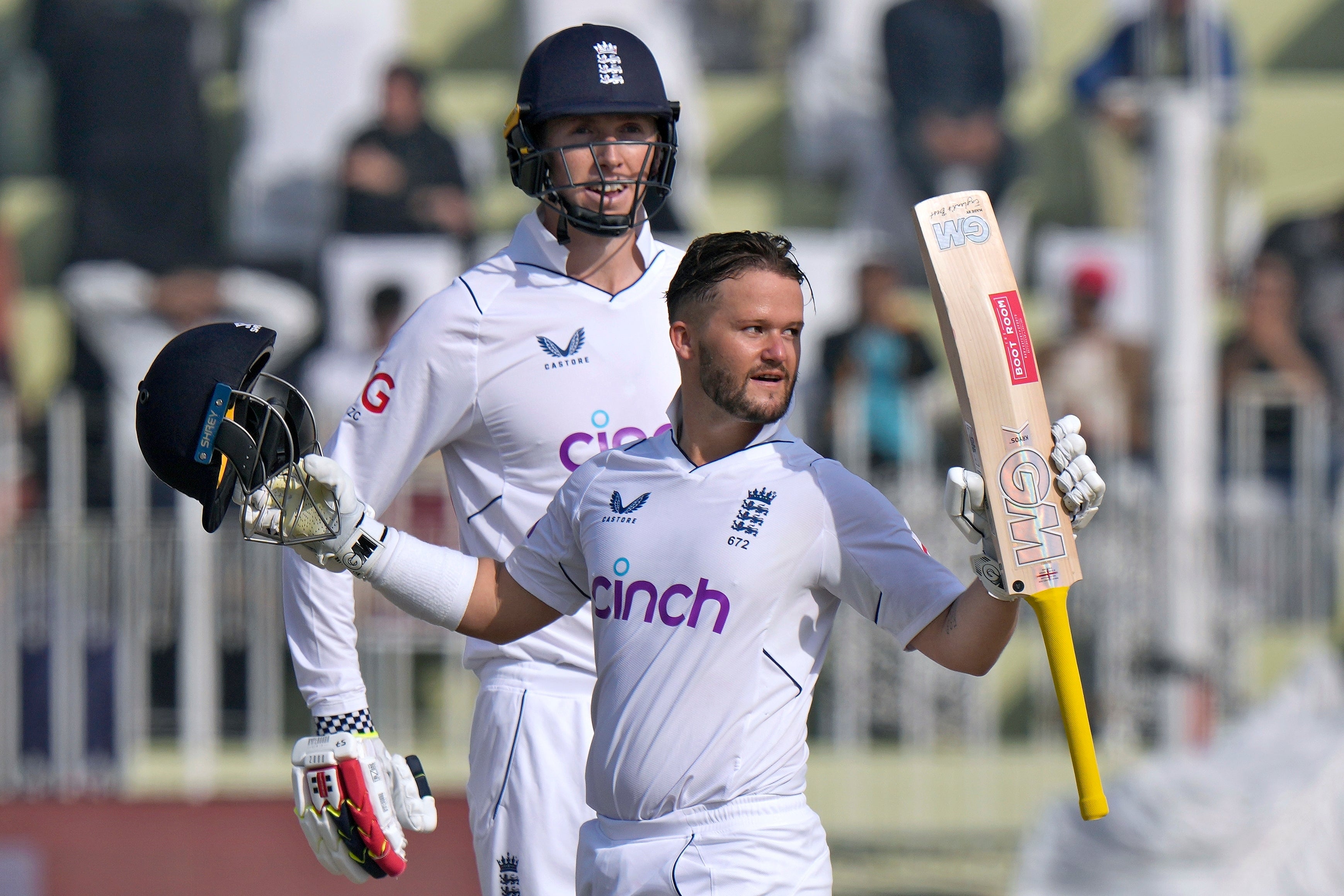 Ben Duckett celebrates scoring his maiden Test century
