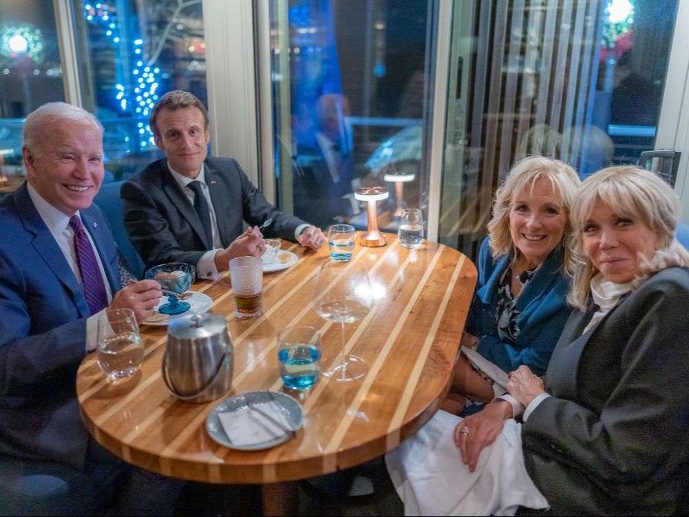 Joe Biden, Emmanuel Macron, Jill Biden, and Brigitte Macron eat dinner at Fiola Mare