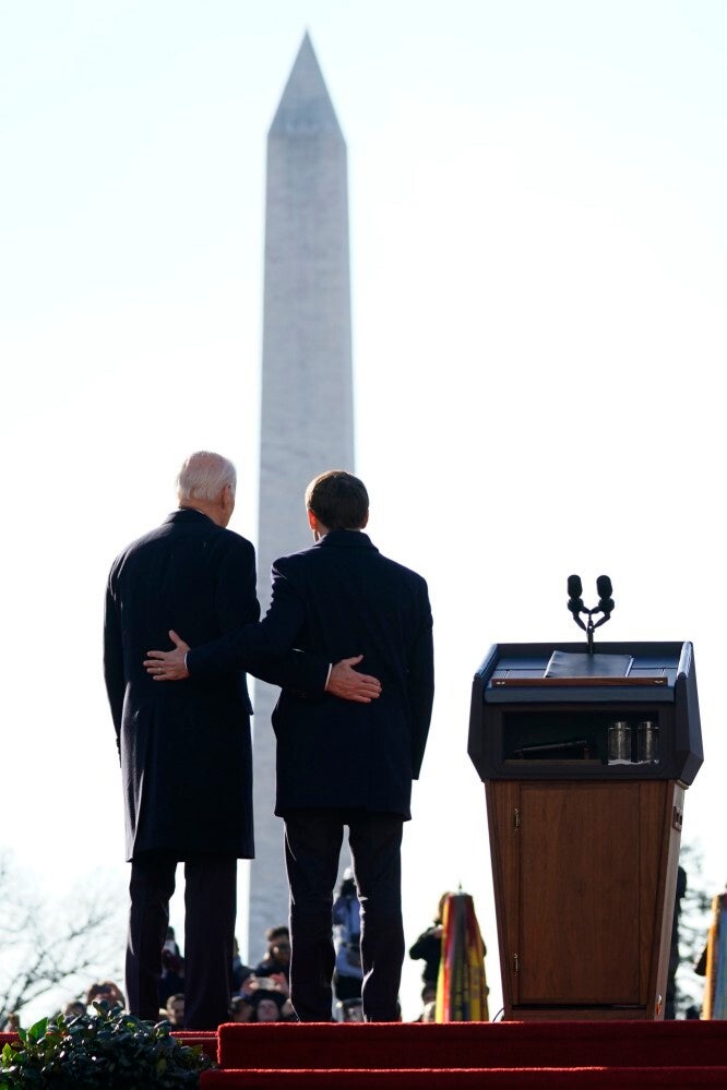 President Joe Biden welcomes French President Emmanuel Macron during a State Arrival Ceremony on the South Lawn of the White House in Washington, Thursday, Dec. 1, 2022