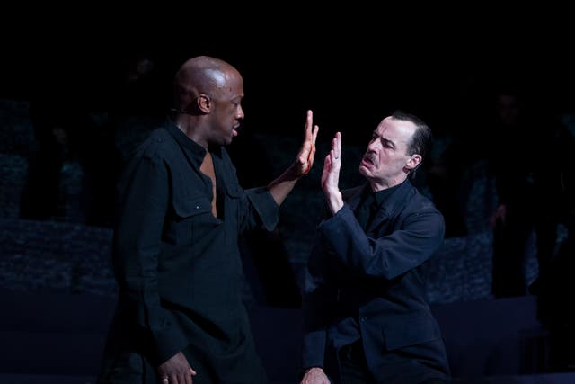 <p>Giles Terera (Othello) and Paul Hilton (Iago) in ‘Othello’ at the National Theatre</p>