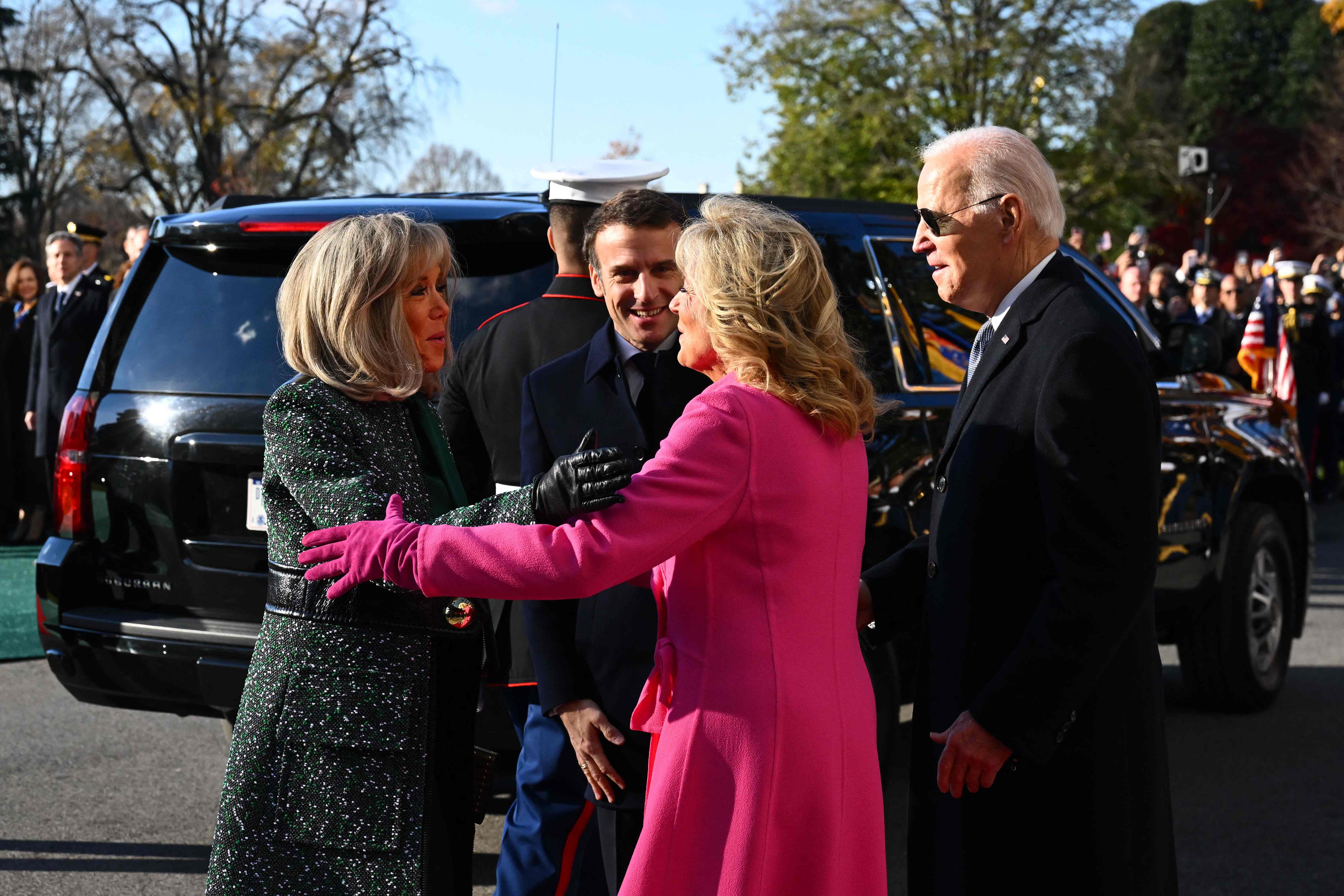 US President Joe Biden and First Lady Jill Biden welcome French President Emmanuel Macron and his wife Brigitte Macron to the White House in Washington, DC, on December 1, 2022