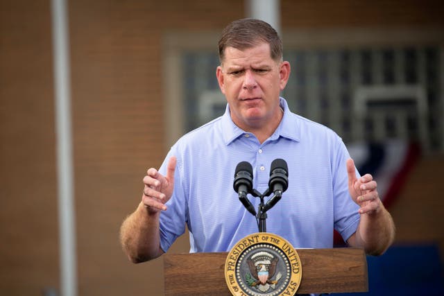 <p>Secretary of Labor Marty Walsh speaks before President Joe Biden at a United Steel Workers of America Labor Day event in West Mifflin, Pa., just outside Pittsburgh, Sept. 5, 2022</p>