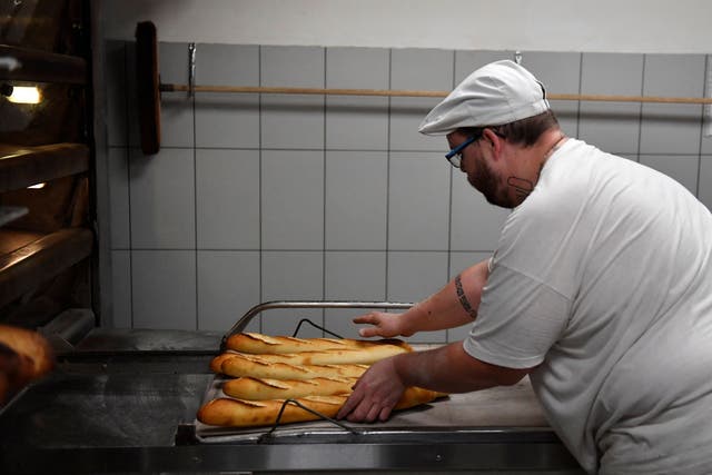 <p>A baker prepares baguettes in a bakery in Brou near Chartres on 1 December 2022</p>