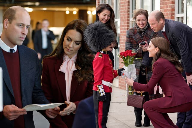 <p>The Prince and Princess of Wales visited climate change-focused projects in Boston on Thursday. At one stop, a child dressed as a King’s Guard </p>