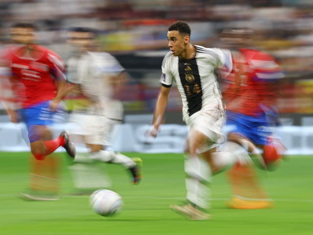 <p>Germany midfielder Jamal Musiala, 19, in action against Costa Rica</p>