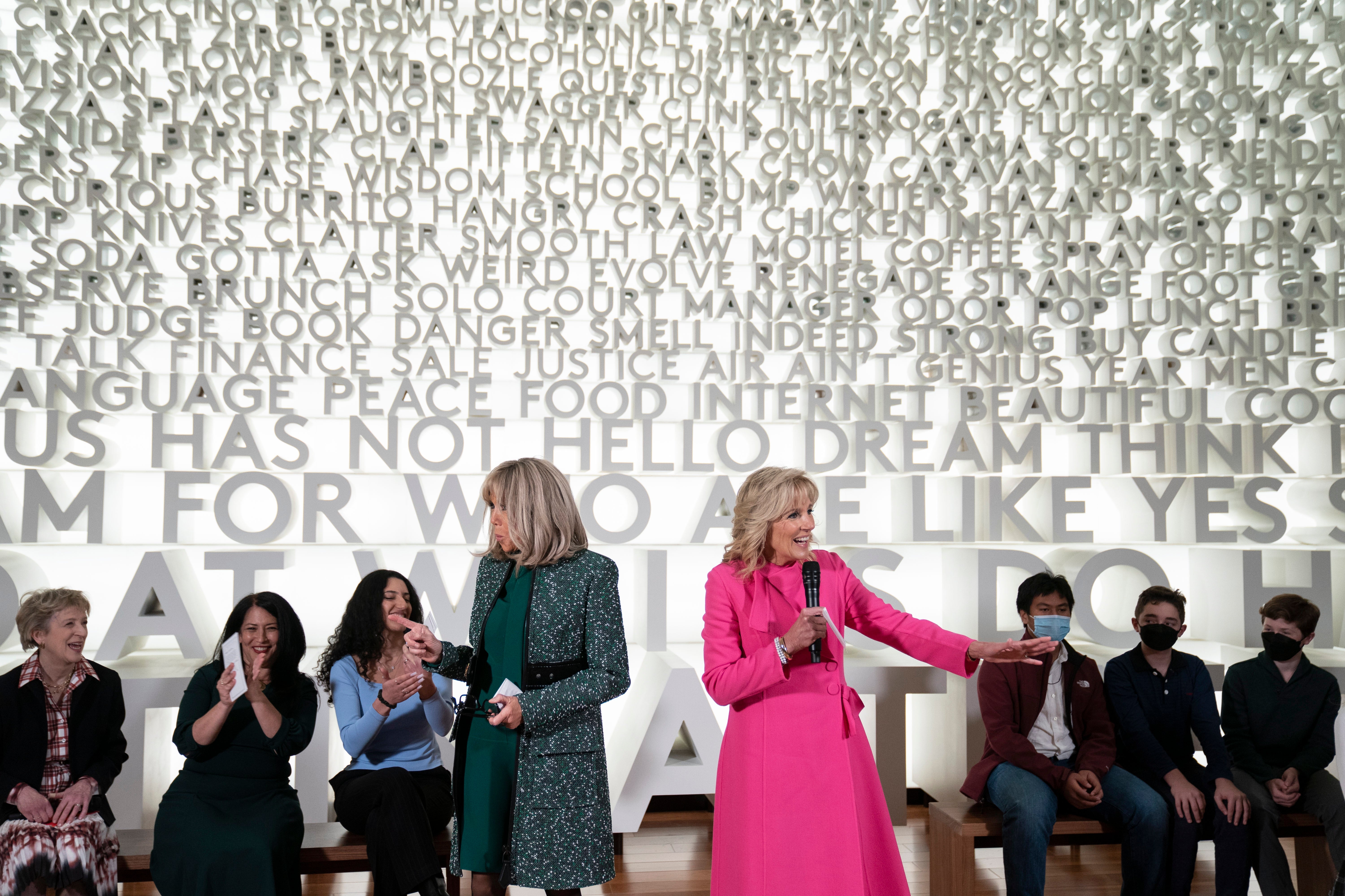 US First lady Dr. Jill Biden and French First Lady Brigitte Macron meet with students during a tour of the Planet Word museum in Washington, DC , USA, 01 December 2022