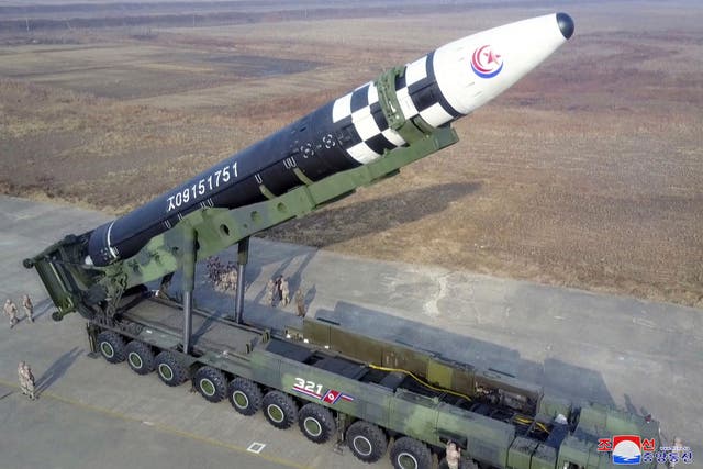 <p>File.  This photo provided on 19 November 2022, by the North Korean government shows what it says is a Hwasong-17 intercontinental ballistic missile before its test firing at Pyongyang International Airport in Pyongyang, North Korea, Friday, 18 November 2022 </p>
