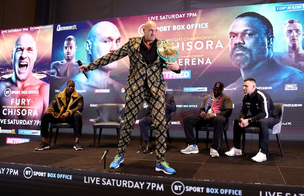 Fury plays to the gallery at Thursday’s press conference for the fight