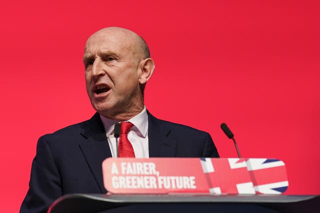 <p>John Healey, Shadow Secretary of State for Defence speaks to delegates during the Labour Party conference on September 27, 2022 in Liverpool, England</p>