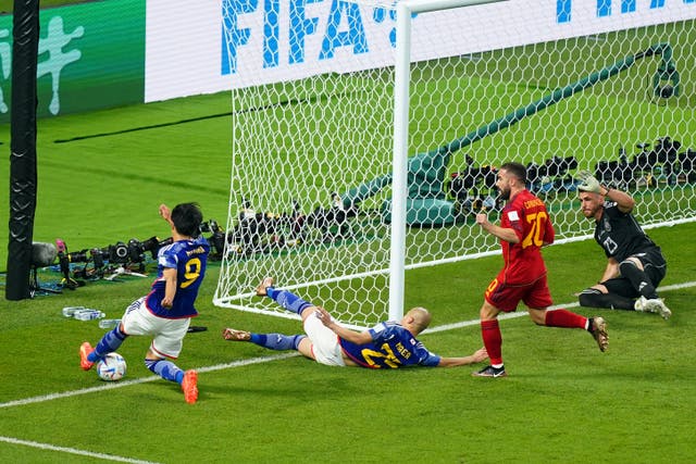 VAR judged that the whole of the ball had not crossed the line when Kaoru Mitoma cut it back to set up Japan’s winner against Spain (Mike Egerton/PA)