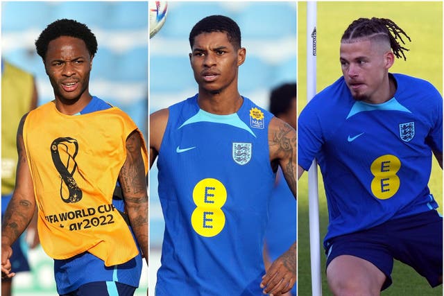 Raheem Sterling (left), Marcus Rashford (centre) and Kalvin Phillips (Martin Rickett/Peter Byrne/PA)