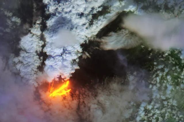<p>This image from a European Space Agency satellite shows the Mauna Loa eruption on 28 November</p>