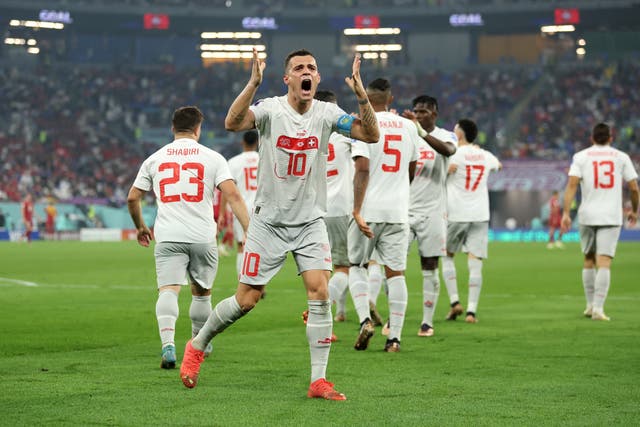 <p>Granit Xhaka of Switzerland celebrates after the third goal by Remo Freuler </p>