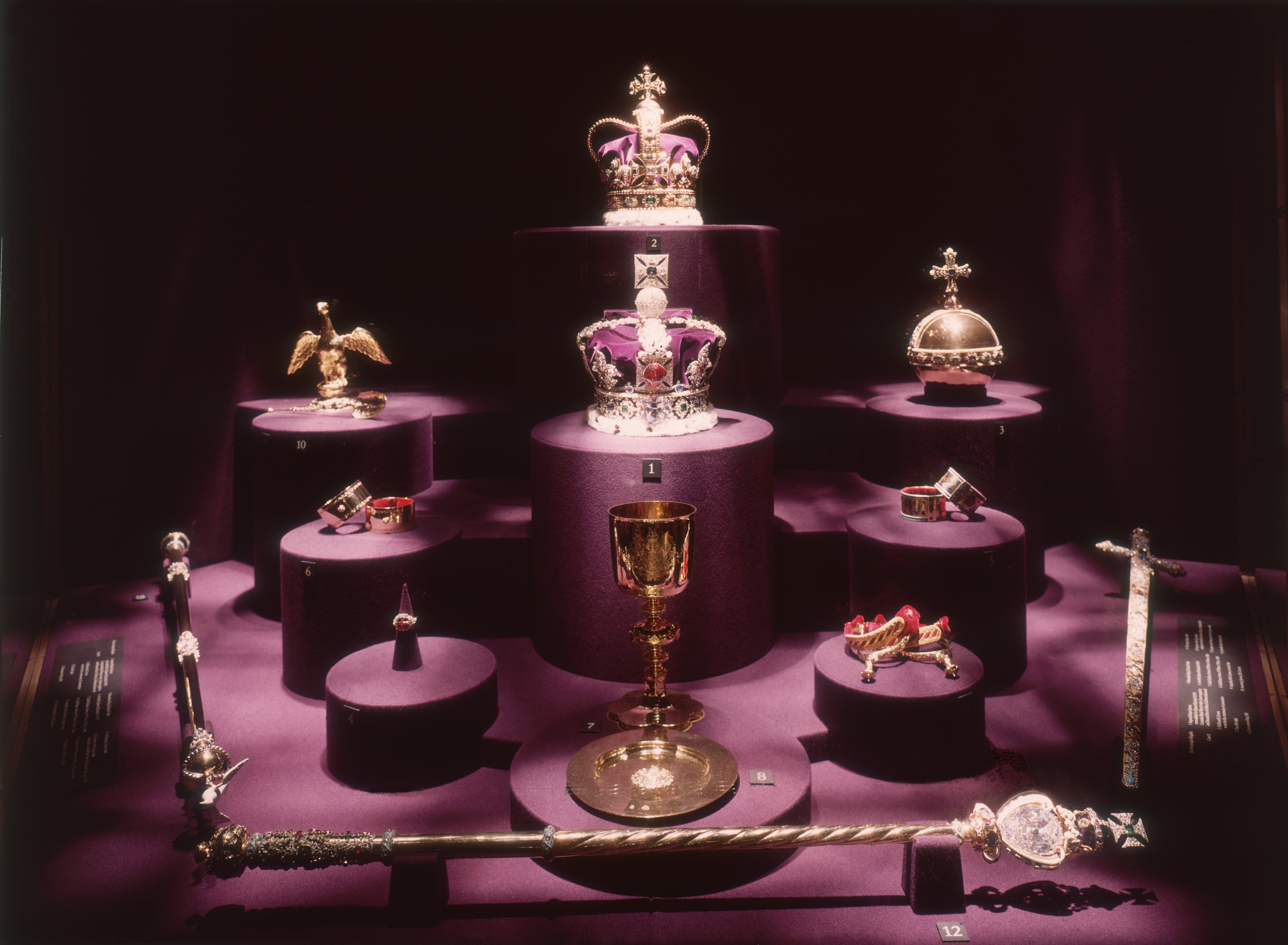1953: The British crown jewels with the Imperial State Crown centre (1) and St Edward's Crown (2)