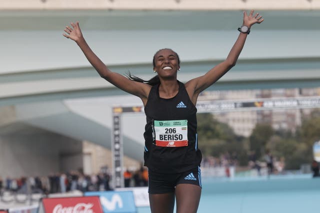 <p>Ethiopian athlete Amane Beriso celebrates as she wins the women’s race at the Valencia Marathon</p>