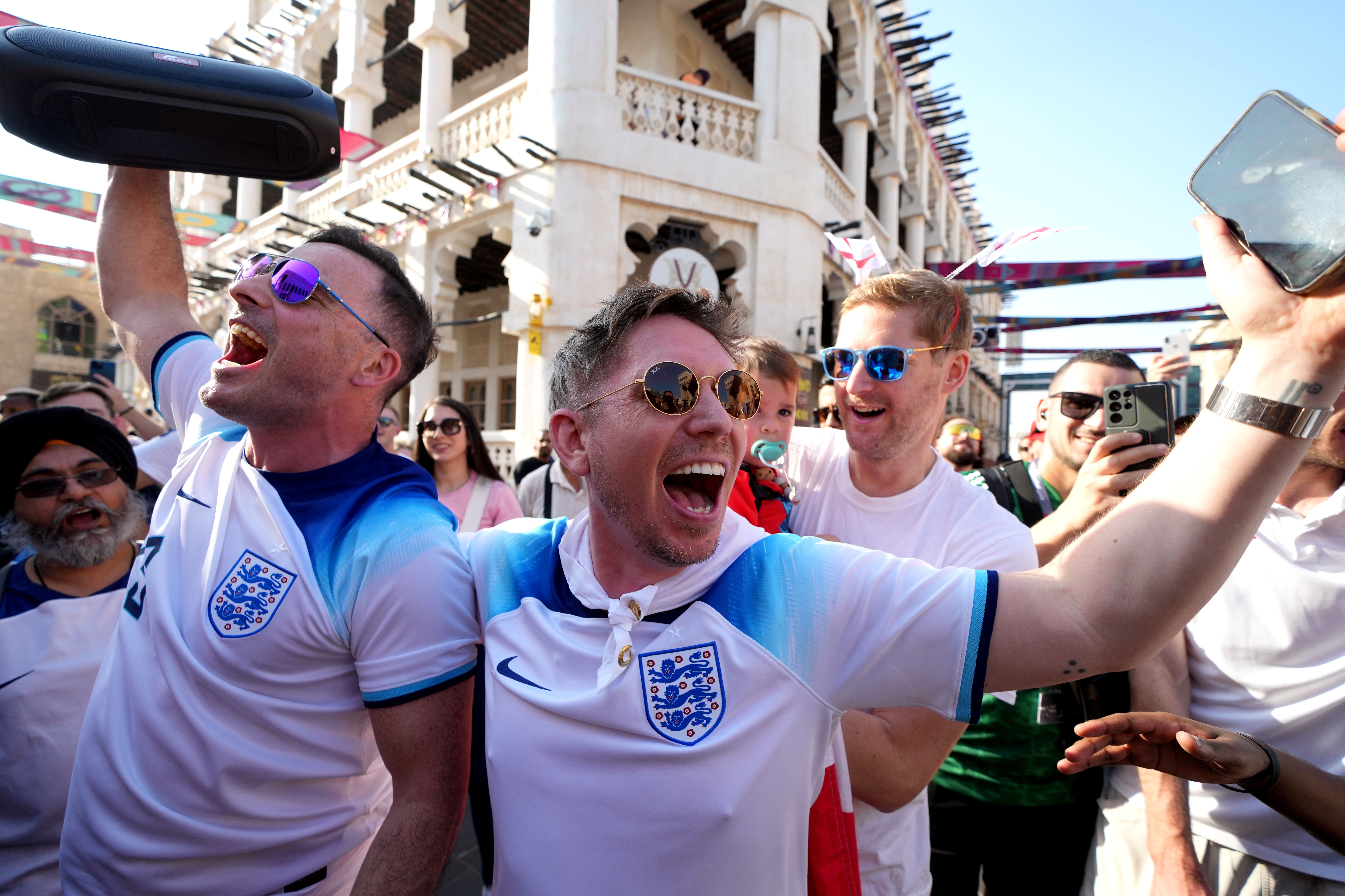 England fans in the Souk area of Doha, ahead of the next World Cup round between England and Senegal (PA)