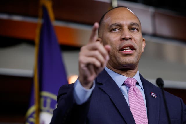 <p>Hakeem Jeffries holds a news conference after he was elected leader of the 118th Congress by the House Democratic caucus at the US Capitol Visitors Center on 30 November 2022 in Washington, DC</p>