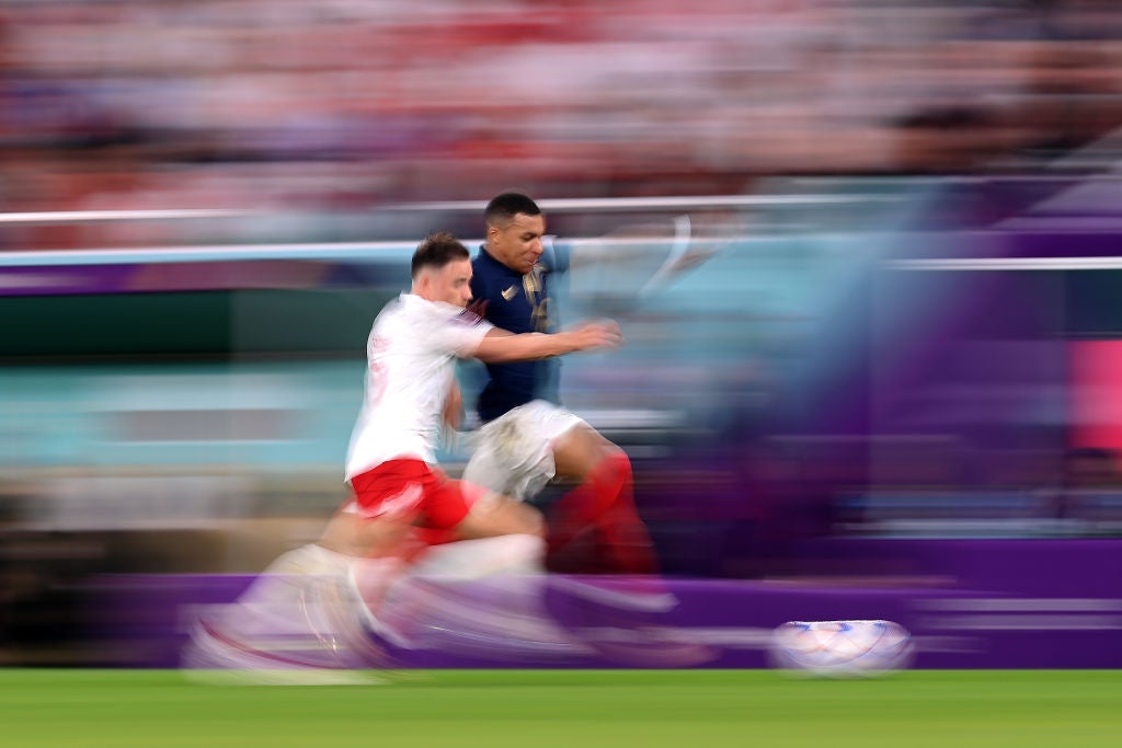 Mbappe in full flight against Poland’s Matty Cash