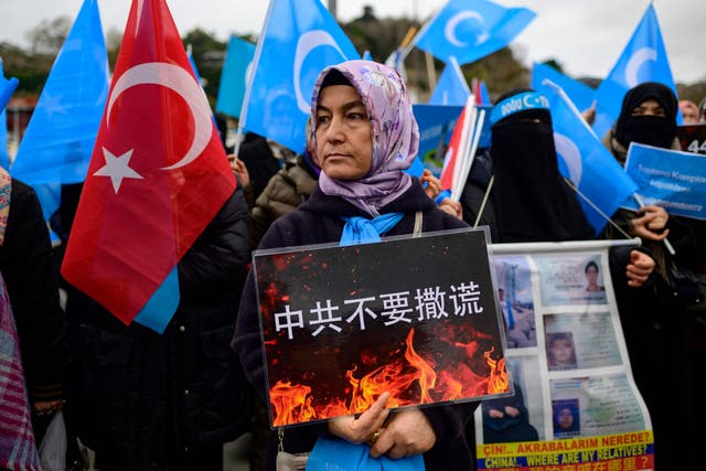 <p>Members of Uyghur communities take part in a protest against China, near the Chinese consulate in Istanbul</p>