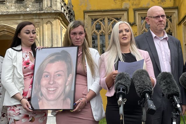 The family of Celia Marsh, (from left) daughters Kayleigh Grice, Brenna Grice, Ashleigh Grice and Mrs Marsh’s husband Andy Marsh outside Avon Coroner’s Court (Tess de la Mare/PA)