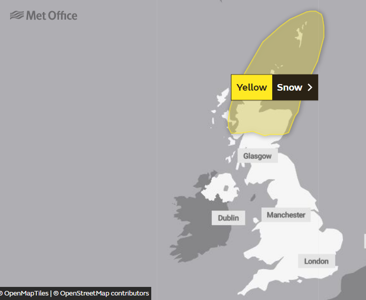 The snow warning is in place for Wednesday in Scotland