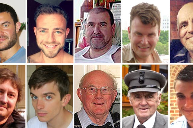 (Top row left to right) Matthew Grimstone, Matt Jones, Mark Reeves, Tony Brightwell and Mark Trussler. (Bottom row left to right) Dylan Archer, Richard Smith, Graham Mallinson, Maurice Abrahams and Daniele Polito, who died in the Shoreham Airshow crash (Family handouts/PA)