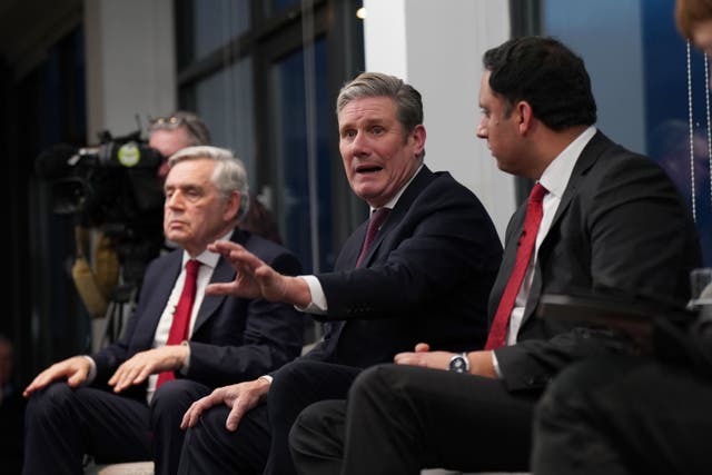 Keir Starmer was joined by Gordon Brown and Anas Sarwar in Edinburgh (Jane Barlow/PA)