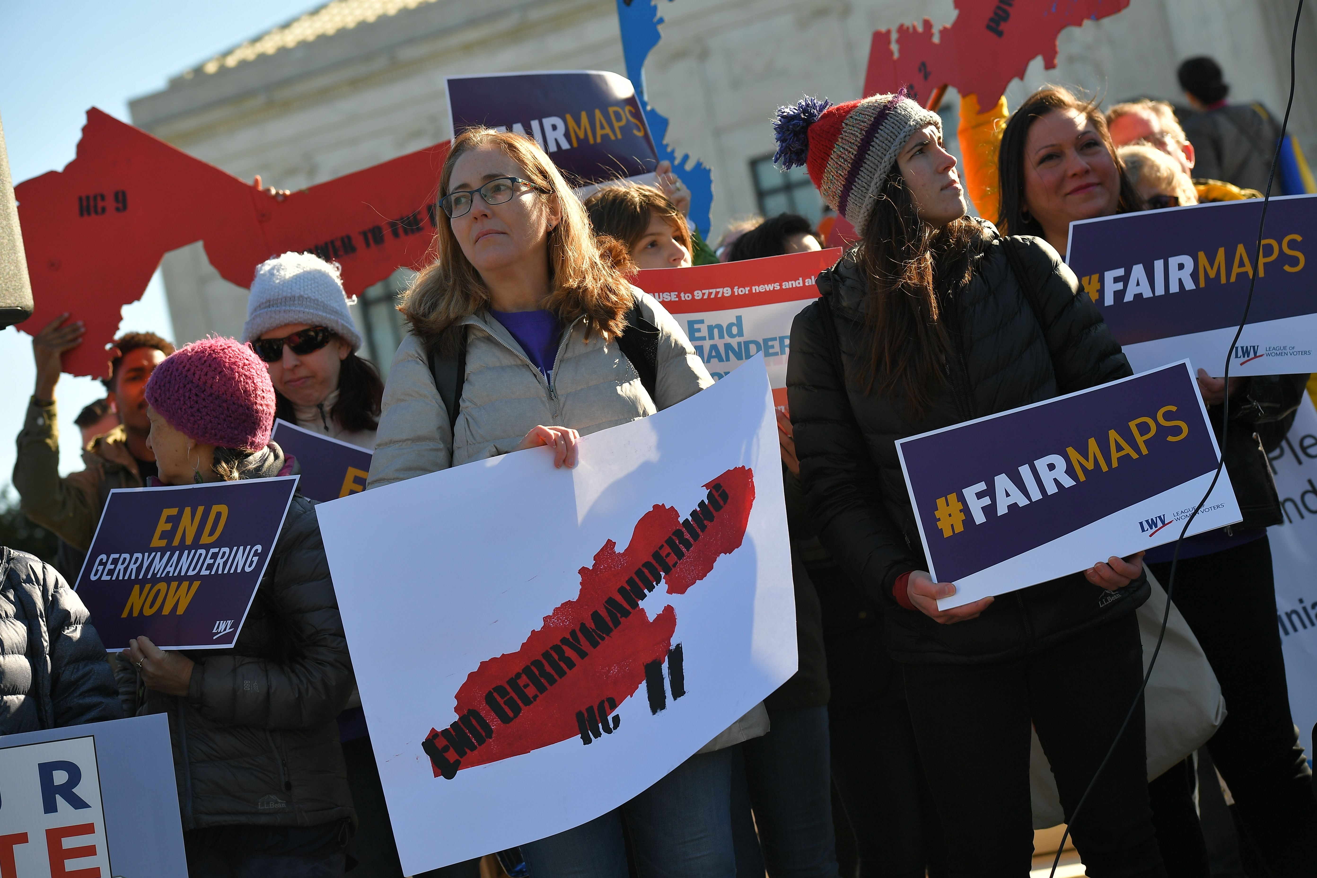 A protest in front of the US Supreme Court in 2019 demanded an end to partisan gerrymandering, the drawing of political boundaties for elections that benefit one party. A new case in front of the justices could open the door for state lawmakers to increased gerrymandering.