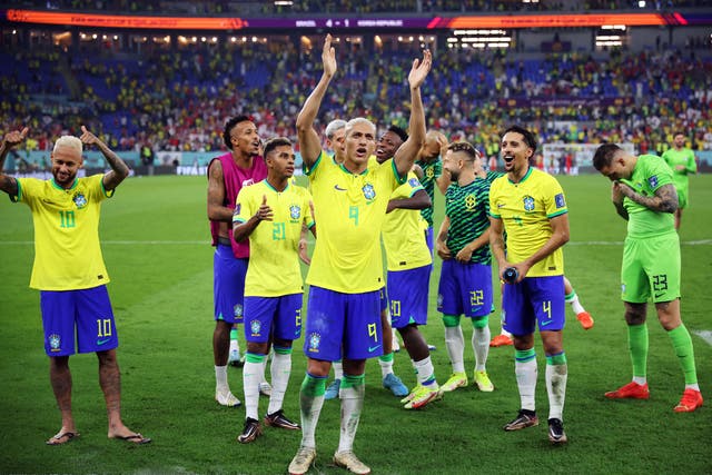 <p>Brazil players pay tribute to their fans after their brilliant on-pitch performance </p>