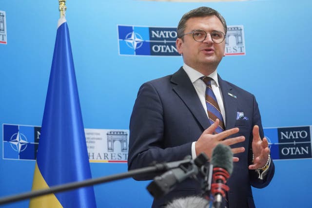<p>Ukraine’s foreign minister Dmytro Kuleba addresses the press during a meeting of NATO Foreign Ministers in Romania on 29 November 2022 </p>