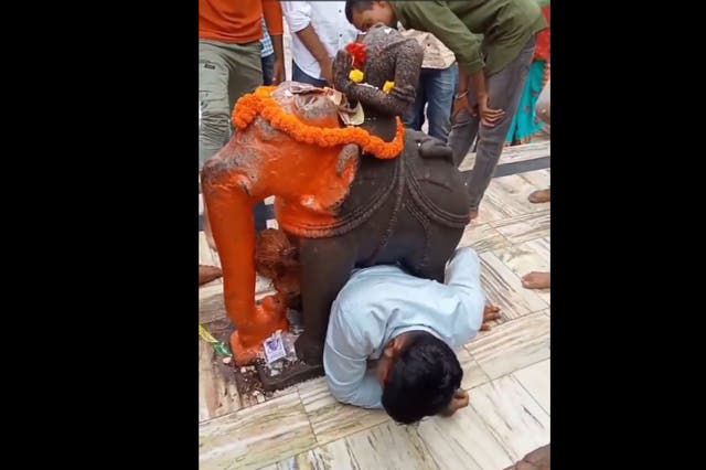 <p>A video of a man in India who got stuck under an elephant statue in a temple has gone viral </p>