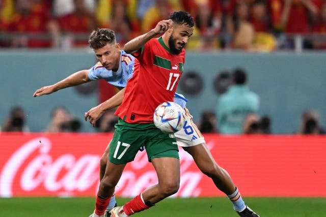 <p>Sofiane Boufal on the ball for Morocco against Spain</p>