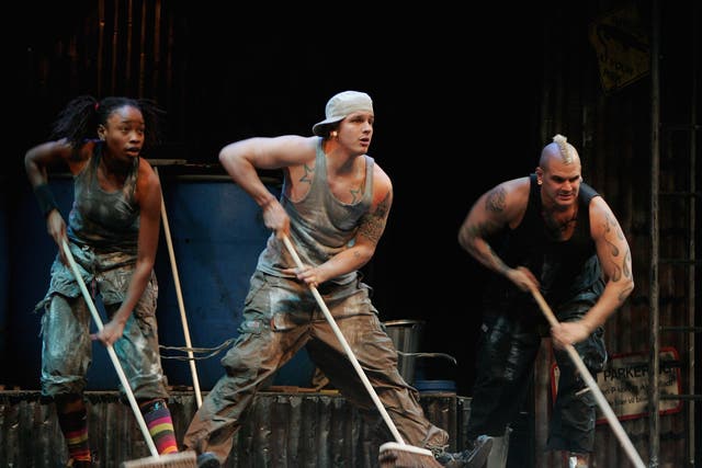 <p>Performers using brooms as percussive instruments during a performance of ‘Stomp’ in Berlin, Germany</p>
