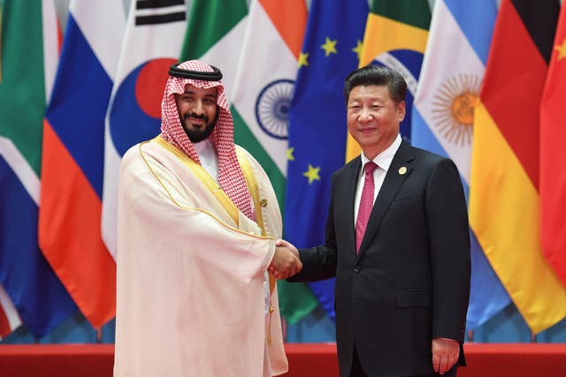 <p>Saudi Arabia Crown Prince Mohammed bin Salman Al Saud shakes hands with China’s President Xi Jinping before the G20 leaders’ family photo in Hangzhou in 2016 </p>