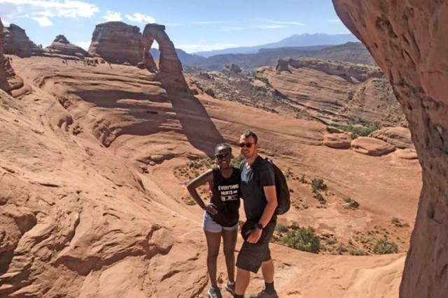 <p>Ludovic Michaud witnessed his wife Esther Nakajjigo’s death during an April 2020 trip to Utah’s Arches National Park</p>