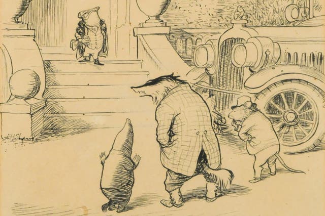 An original illustration for Wind in the Willows, showing Mr Toad, Ratty, Badger and Mole outside Toad Hall, has sold at auction for £33,644 (Cheffins auctioneers/ PA)