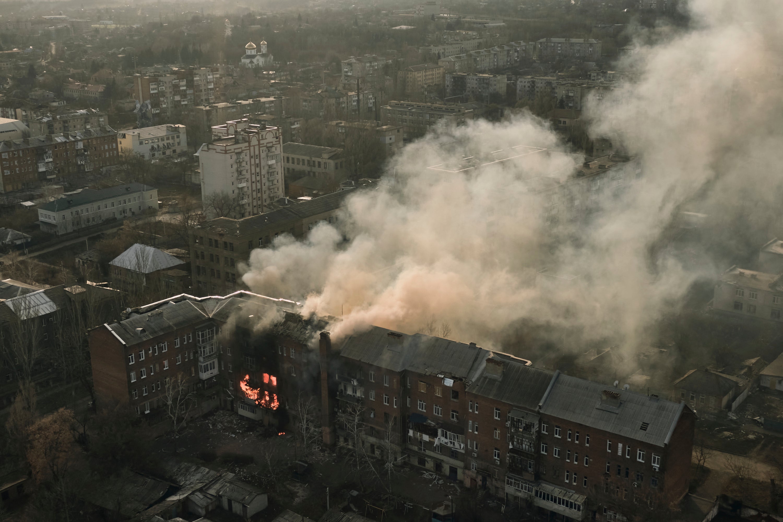 An apartment burning in Bakhmut, Ukraine
