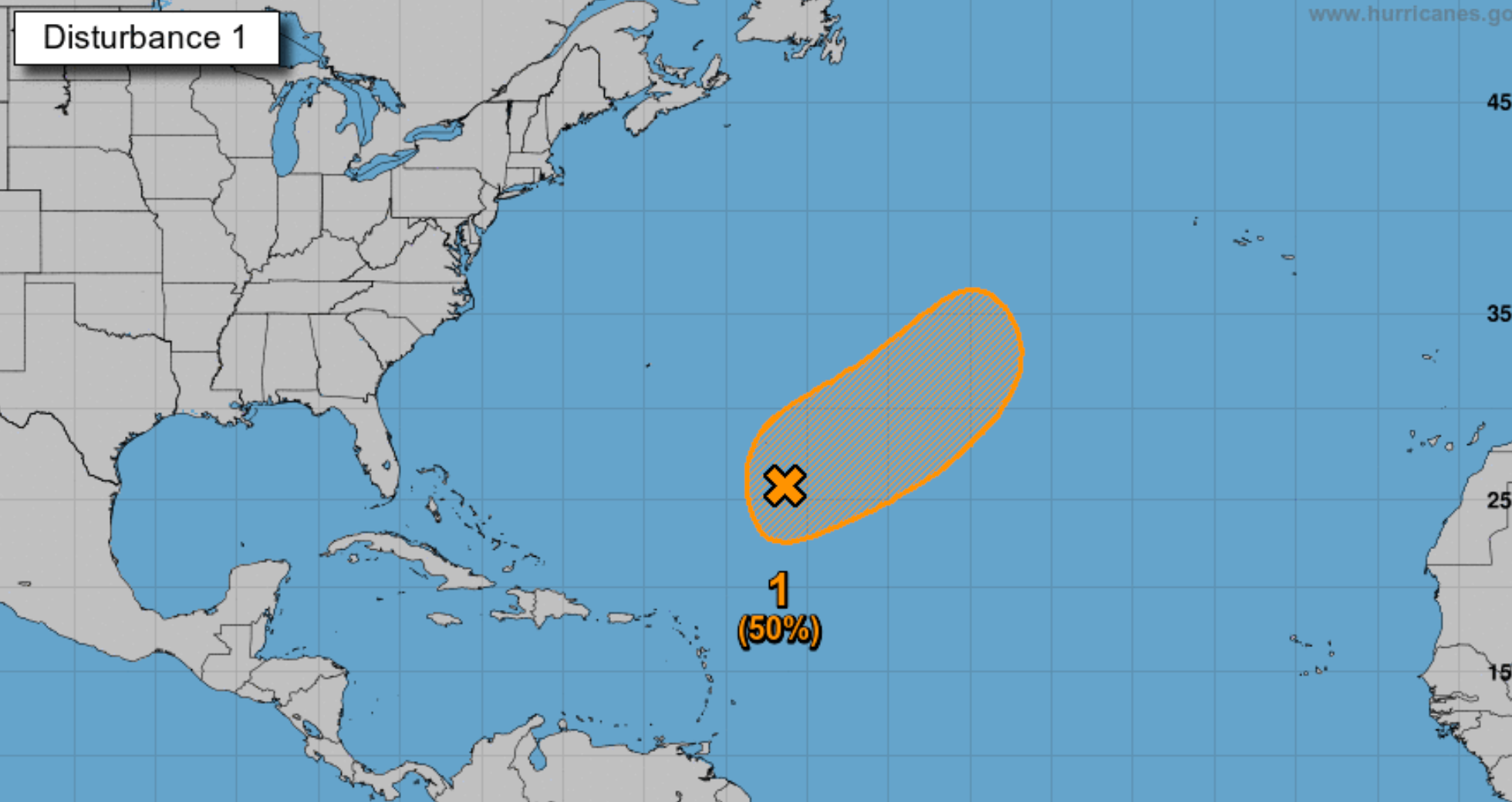 <p>A large, complex low pressure area over the central Atlantic has a medium chance to become a subtropical or tropical cyclone this week as it moves generally northeastward</p>