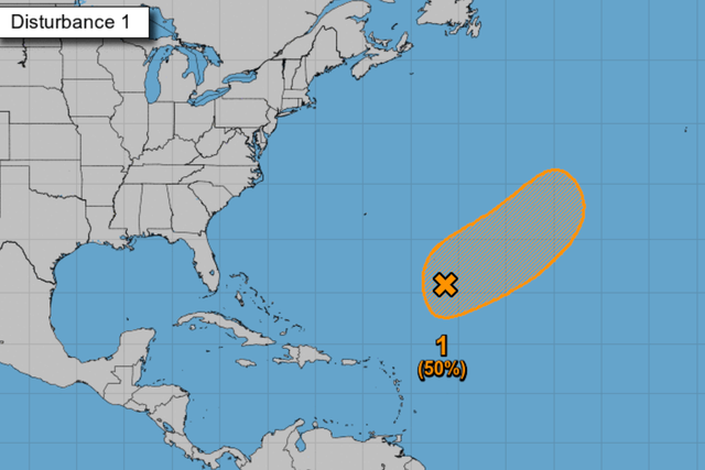 <p>A large, complex low pressure area over the central Atlantic has a medium chance to become a subtropical or tropical cyclone this week as it moves generally northeastward</p>